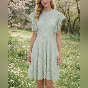 Anthropologie Maeve Flutter-Sleeve Mock-Neck Mini Dress Womens L Moss Mint Green